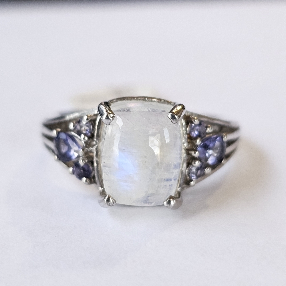 Genuine Rainbow Moonstone & Tanzanite Ring in Platinum over Sterling Silver Sz 7